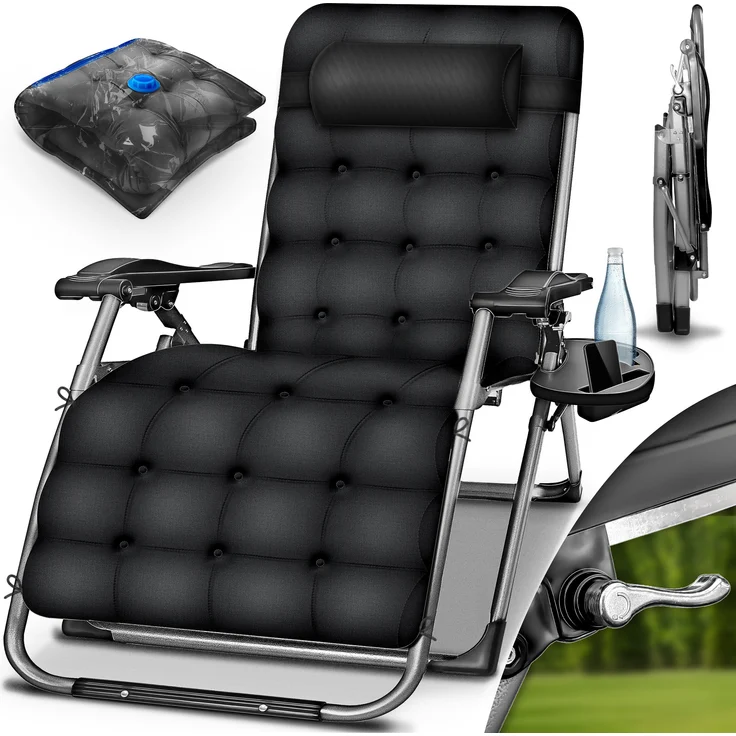 tillvex® Liegestuhl klappbar bis 200 kg, wetterfeste Sonnenliege Schwarz für Balkon, Garten & Terrasse, verstellbare Relaxliege mit dickem Polster, Nackenkissen, Getränkehalter & Auflage