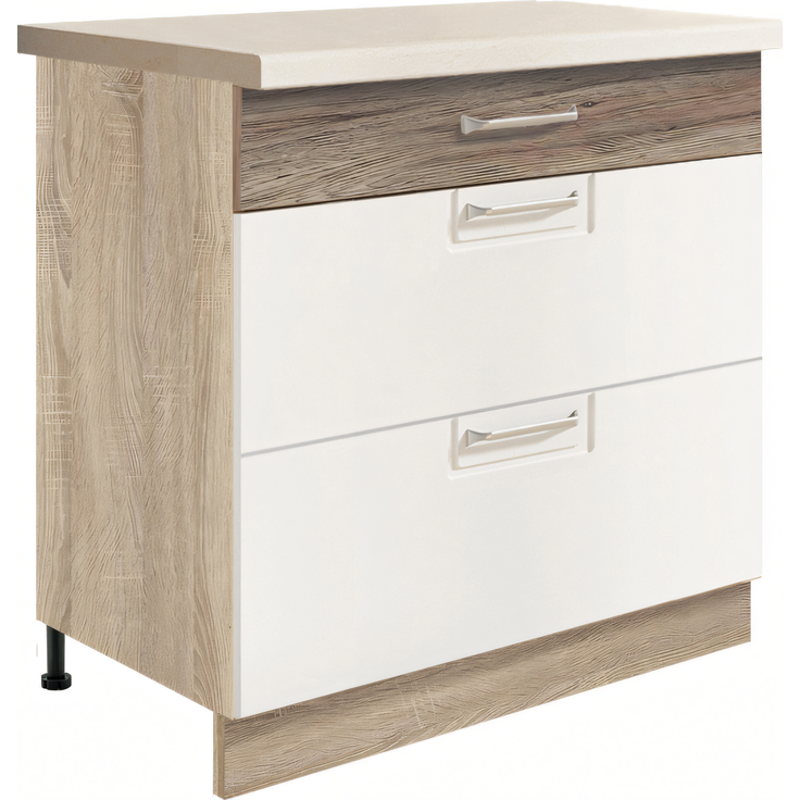 ECONO 22D – Unterschrank 80 cm mit 3 Schubladen, Weiß Hochglanz