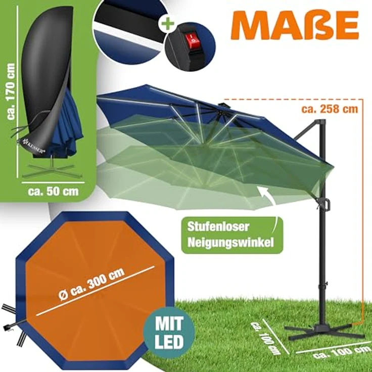 KESSER® Sonnenschirm Ampelschirm Sun Rund XL, Navyblau, Mit LED – Bild 3