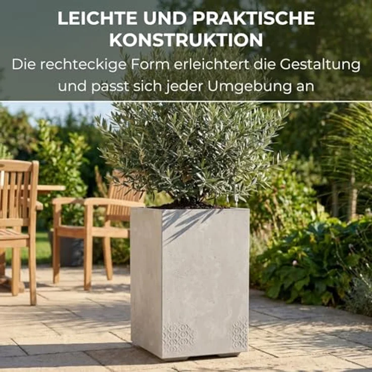 LAMELA Pflanzkübel mit Rollen Höhe 60 cm, 36L – Blumentopf aus Kunststoff in Betonoptik – Übertopf mit Wasserablauf – Modern für Innen & Außen - Wetterfest & Pflegeleicht, Hellgrau – Bild 5