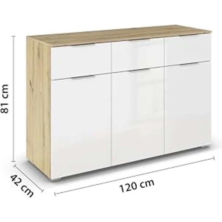 Rauch Möbel Alabama, Kommode für Schlafzimmer, Kinderzimmer, Garderobe, Flur, 3-türig, mit 3 Schubladen, SOFT-CLOSE-Fuktion, Farbe Weiß Hochglanz/Eiche Artisan, Holz, Griff Alufarben, Maße 120 x 81 x 42 cm – Bild 3