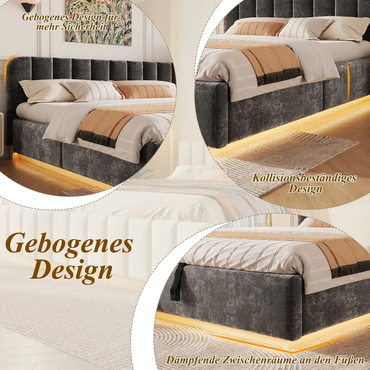 Polsterbett mit LED-Beleuchtung und Stauraum, 180x200 cm, gepolsterter Kopfteil, Doppelbett, Stauraumbett, Chenille – Bild 5