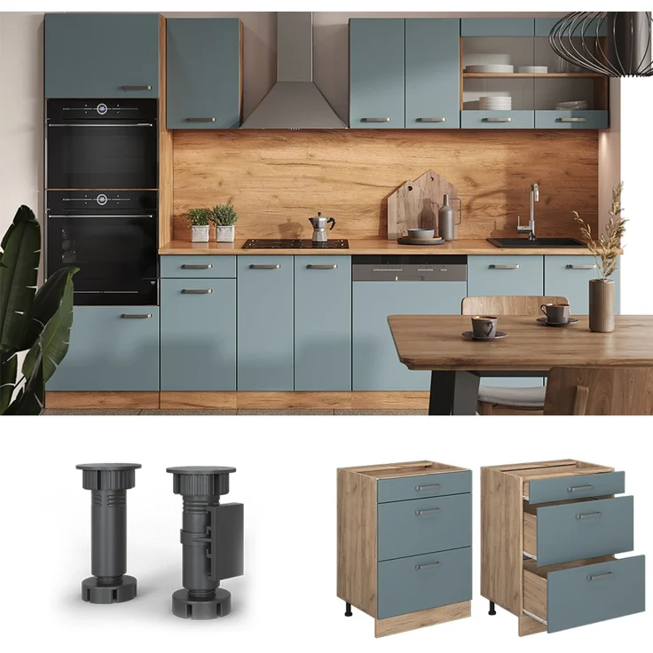 Küchenunterschrank R-Line Blau-Grau/Goldkraft Eiche 60 cm AP Marmor Vicco – Bild 2