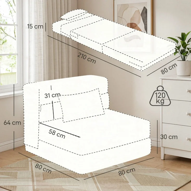 Faltbarer Bodenschlafsessel mit Kissen, grauer 1-Sitzer in Leinenoptik mit 80 x 210 cm Gästeliege ohne Montage für kleine Räume – Bild 7
