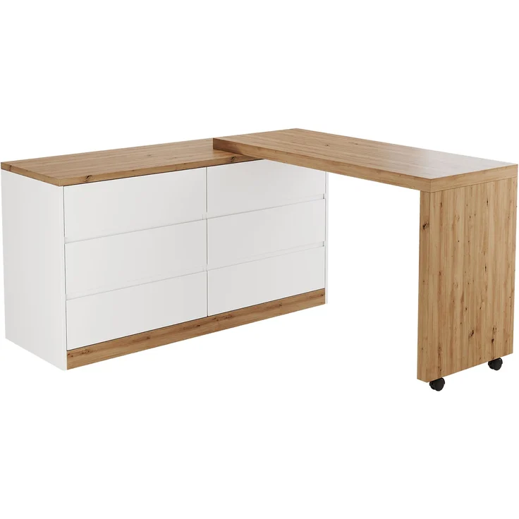 ZUBALIYA Schreibtisch mit feststellbaren Rollen – multifunktionales Design, 4 cm dickere, drehbare Tischplatte, fest arretierbar, weiß/Eiche, Faltbarer Schreibtisch, Eckschreibtisch, Sideboard,Dicke Materialie – Modell N880P4642189O – Bild 13