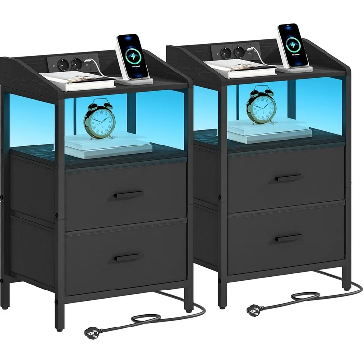 Nachttisch 2er Set, mit LED-Leuchten und Ladestation, Beistelltisch mit 2 Stoff-Schubladen und Regalen, mit USB-Anschlüssen & Steckdosen, für Schlafzimmer, Wohnzimmer, Schwarz – Bild 2