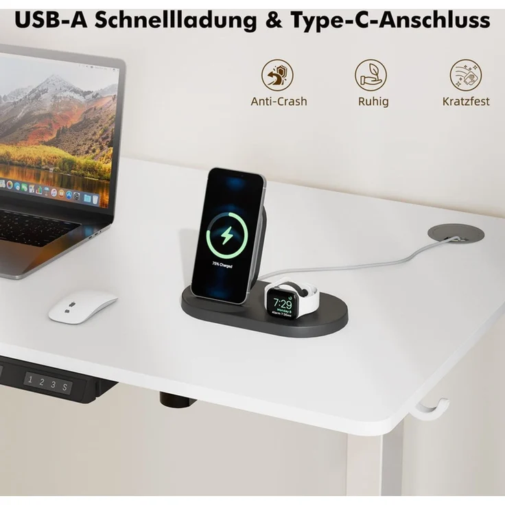 HOMAVO höhenverstellbarer Schreibtisch 60×120 cm, mit Memory- und Anti-Kollisionsfunktion, USB-A- und USB-C-Anschlüssen, Höhe 70–120 cm, Weiß – Bild 5