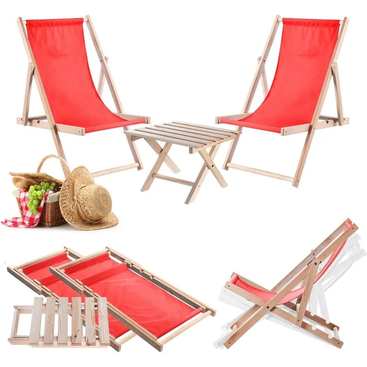 KADAX-Set aus natürlichem Couchtisch für Liegestühle + 2 roten Holzliegestühlen – Bild 1