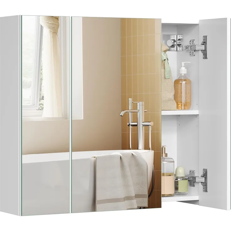 Vasagle Spiegelschrank, Badezimmerschrank, Aufbewahrungsschrank mit 3 Türen, fürs Badezimmer, 15 x 60 x 55 cm, mit verstellbaren Regalebenen, modern, weiß BBK22WT