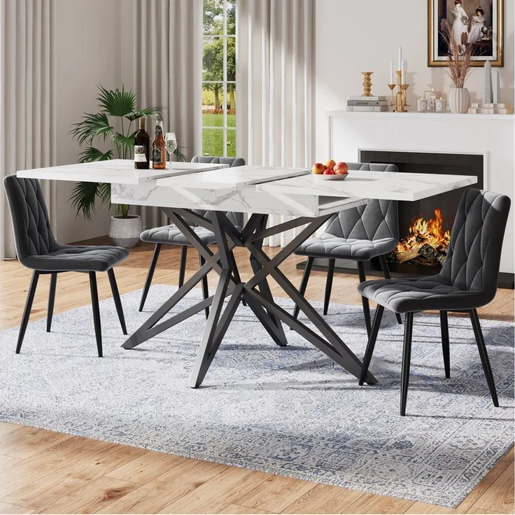 i@home Esstisch ausziehbarer Küchentisch, 120 (160) x 80 cm (1 Esstich), schwarze sternförmige Eisenbeine, Walnut/Weiß – Bild 1