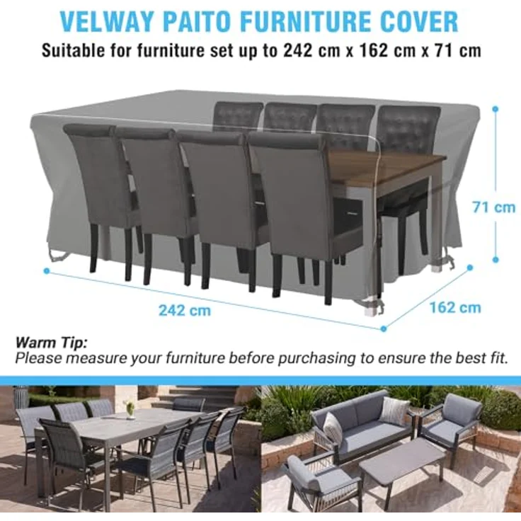 Velway Gartenmöbel Abdeckung Wasserdicht 242 x 162 x 71 cm - Winddicht Schutzhülle mit Reflektierender Streifen 600D Oxford Möbelsets Abdeckung Staubfest Abdeckhauben für Gartentisch Sitzgruppe Schwarz – Bild 3