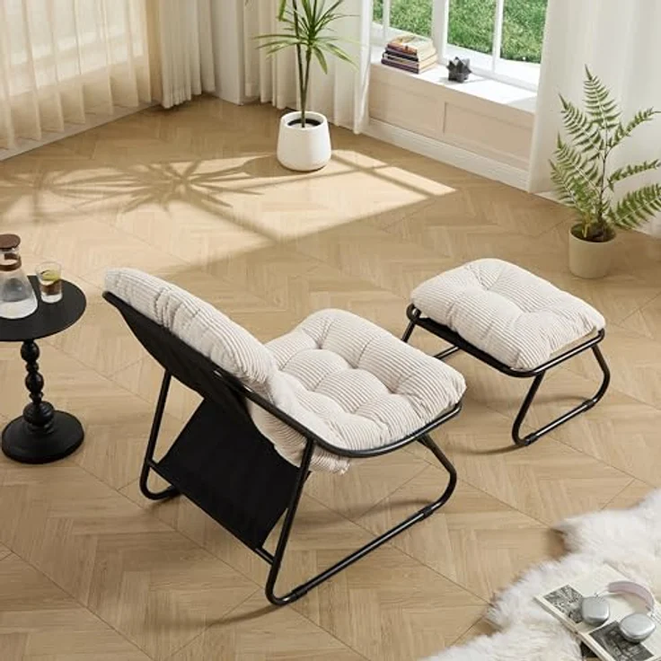 Ball & Cast Outdoor Lounge Sessel, Relaxsessel mit Hocker und Cushion für Garten, Balkon, Wohnzimmer & Schlafzimmer, Weiß – Bild 3
