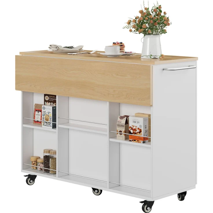 ZUBALIYA Küchenwagen 120 cm Arbeitsplatte – klappbare Arbeitsplatte, Schublade und 2 Schränke, 5 Rollen, 2 mit Bremse, Gewürzregal und Handtuchhalter, MDF, Weiß, Eichenoptik – Bild 10