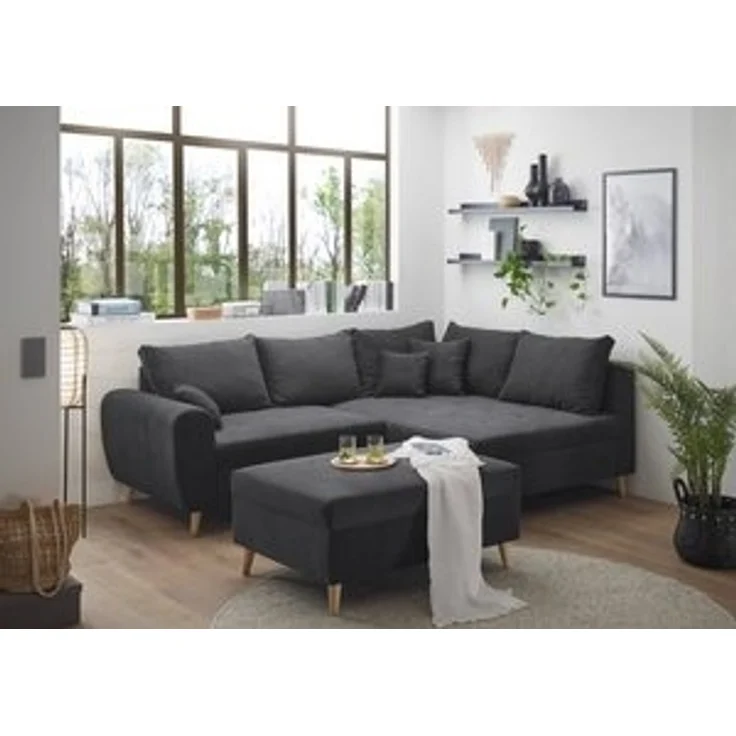 CALANDA Ecksofa mit Hocker, Stoffbezug Anthrazit - Moderne Eckcouch mit Kissen & Massivholz Füßen - 249 x 94 x 175 cm (B/H/T) – Bild 6