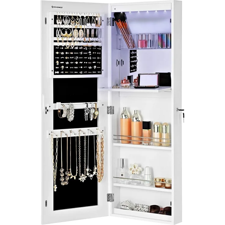 Songmics 'JBC63WV1' Schmuckschrank mit Innenspiegel, abschließbar, MDF, Weiß, 37 x 108 x 10 cm