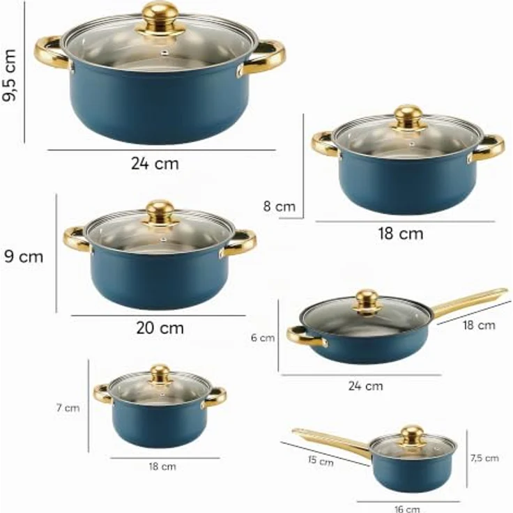 Retoo Topf-Set OR203, 12-teiliges Edelstahl Kochgeschirr-Set mit hitzebeständigen Glasdeckeln und isolierenden Griffen, Blau – Bild 2