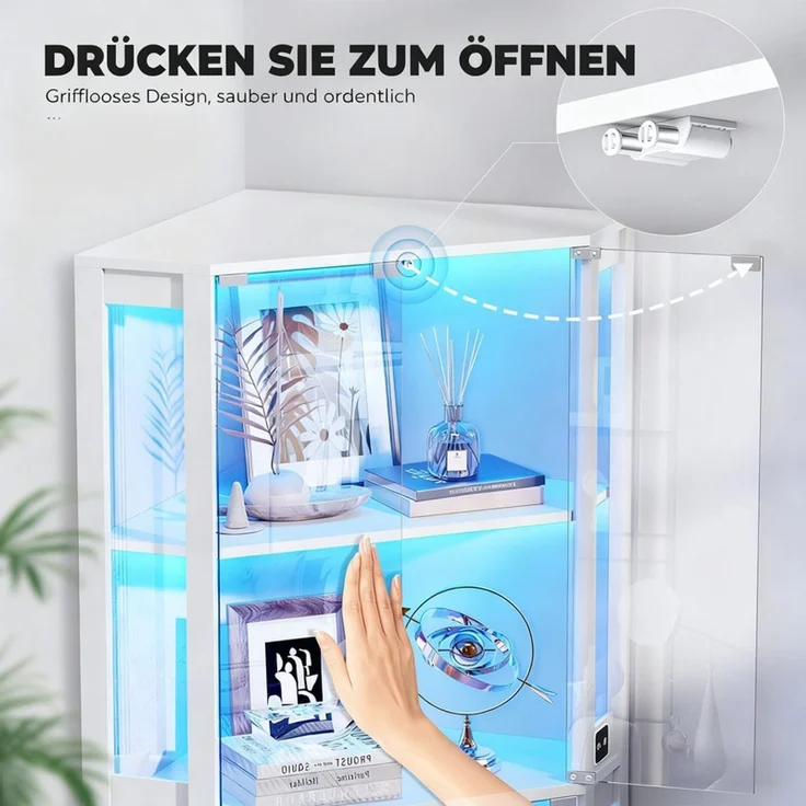 Eckvitrine 60x165x60 cm, Curio-Schrank mit 4 Regalböden, LED-Beleuchtung und Körpersensor, Weiß – Bild 7