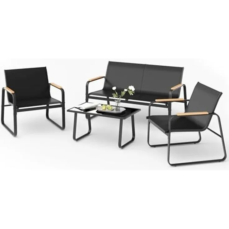 Mondeer Balkonset Gartenmöbel Set 4-tlg, (1 Tisch mit 1 Doppelstuhl 2 Einzelstühlen), Mesh-Gewebe & Holz-Kunststoff-Armlehnen, Schwarz