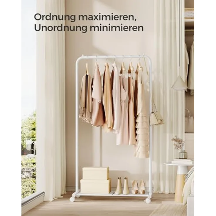 Songmics Kleiderständer, Kleiderstange auf Rollen, Garderobenständer 74 cm breit, Rollgarderobe mit Gitterablage, bis 35 kg belastbar, 2 Rollen arretierbar, Stahlrahmen, weiß HSR130W01 – Bild 3