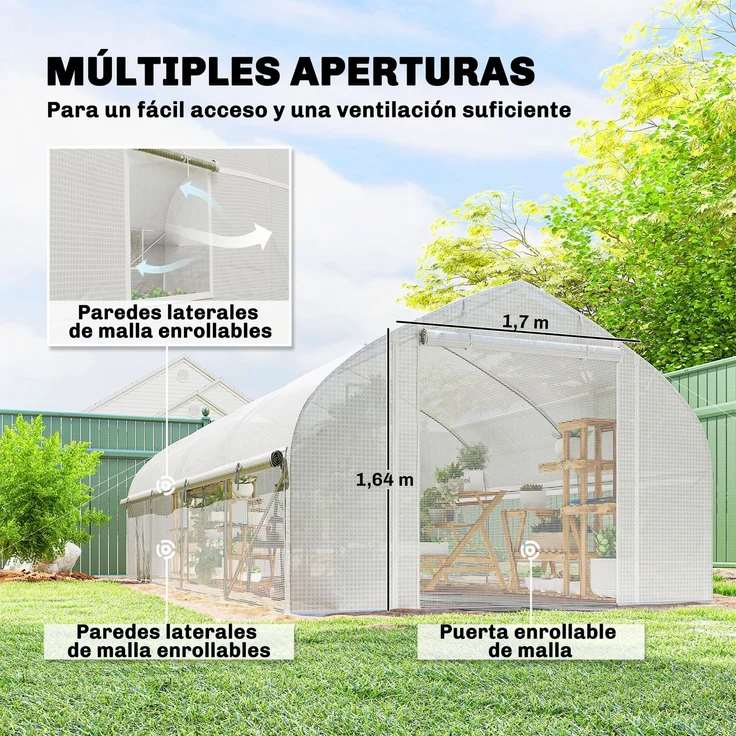 MELAYR, Tunnelgewächshaus 6x3x2 m mit UV-Schutz und Rolltor mit Reißverschluss-Seitenwänden mit Mesh-Weiß – Bild 6
