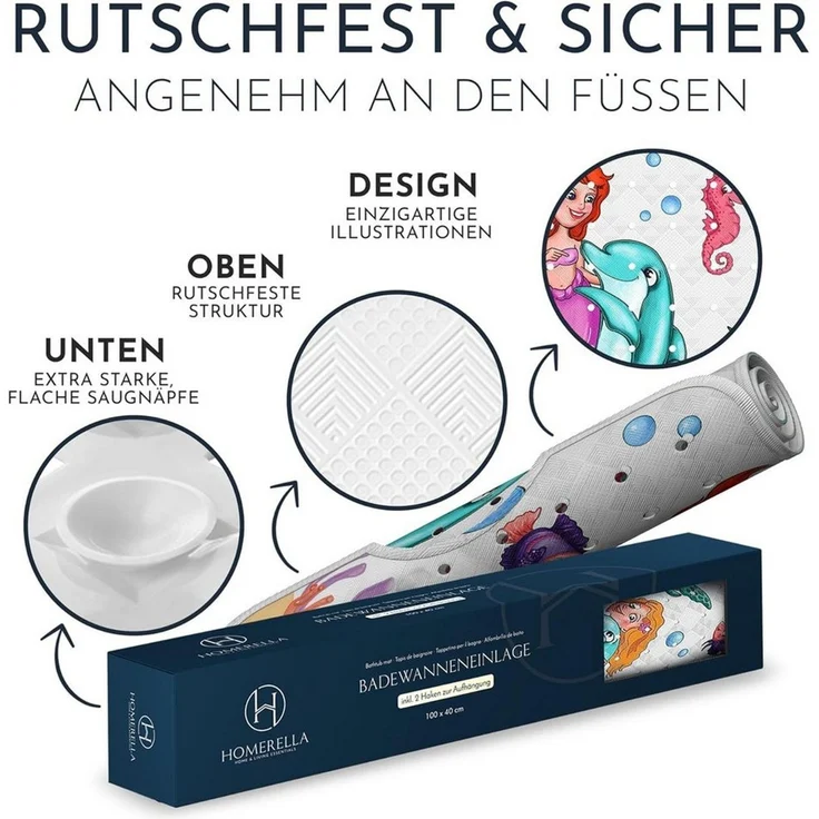Homerella Badematte rutschfest Kinder - 100% BPA frei Inkl. 2 Haken zum Aufhängen 100x40cm, Antirutschmatte Badewanne Baby hautsensitiv & schimmelresistent, Badewannenmatte rutschfest & waschbar – Bild 3