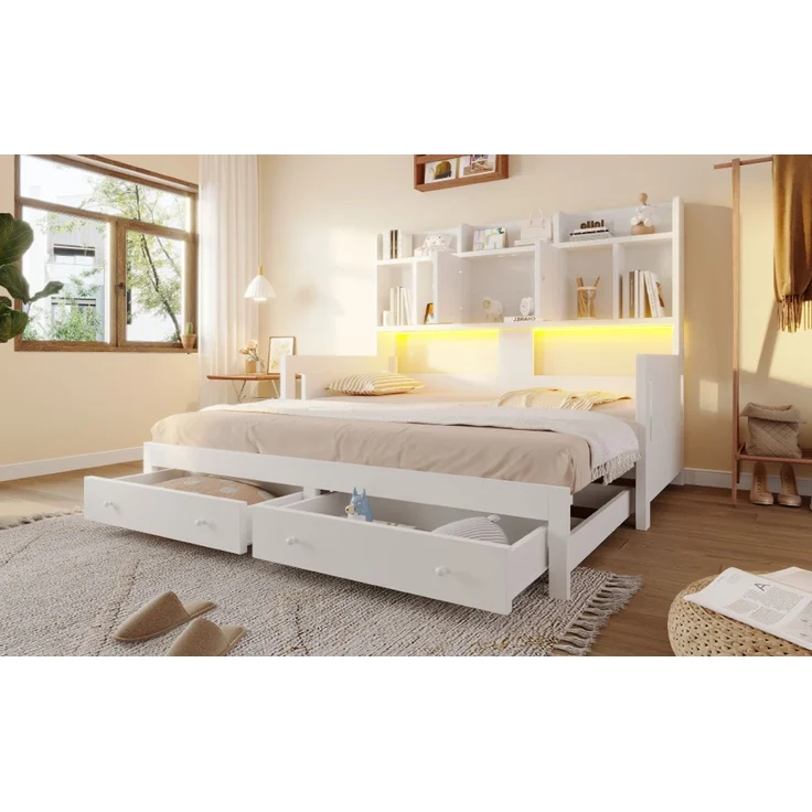 EINHOM Multifunktionales Ausziehbares Schlafsofa aus Holz mit Schubladen, Ablageflächen, Schränken und Offenen Fächern, Ausgestattet mit Steckdosen und LED-Beleuchtung, Gästebett, Weiß (Ohne Matratze) – Bild 5