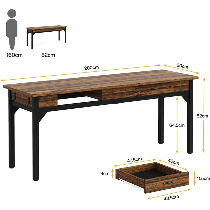 Langer Chefschreibtisch,Zwei-Personen-Computertisch,Arbeitstisch (nur Tisch)--Schwarz, Rustikales Braun--200x60x82cm--YOUDENOVA – Bild 7