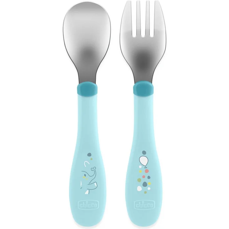Chicco EDELSTAHLBESTECK-SET, Babyset, Gabel und Löffel für Kinder, aus rostfreiem Stahl, leicht zu greifen, 2 Stück, 18M+, Hellblau