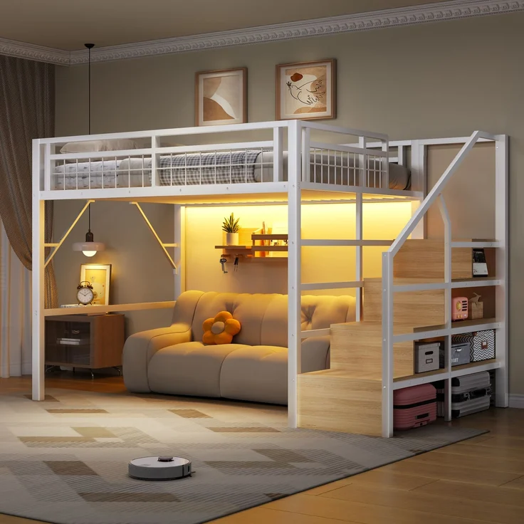 U-life Hochbett 140x200 cm, Eisenrahmen, LED-Beleuchtung, Treppenkonstruktionen, Freier, Metall, Weiß – Bild 1