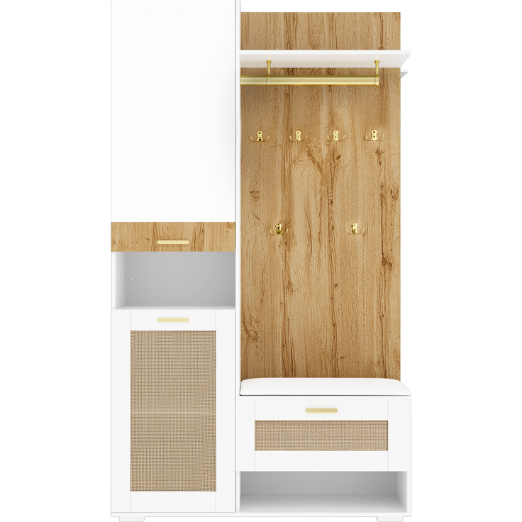 Garderoben-Set mit Spiegel, LED-Beleuchtung und Sitzbank, 110x38x190 cm, Weiß/Holz – Bild 9
