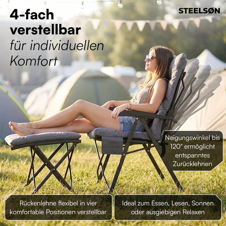 STEELSØN 'Hoggar' Set aus Campingstuhl mit Seitentasche & Getränkehalter und Hocker, faltbar, grau, gepolsterter Campingstuhl, bis 150 kg – Bild 2