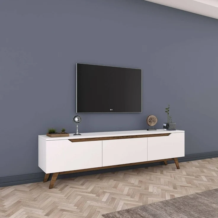 Dmora - Fernsehschrank COR, Ständer für Wohnzimmerfernseher, Niedriges Wohnzimmer-Sideboard, TV-Ständerbasis, 180x35h49 cm, Weiß und Walnuss – Bild 5