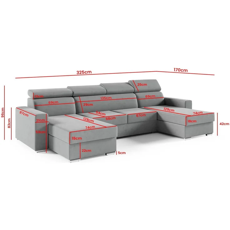 Ecksofa U-förmiges NELA Sofa mit Schlaffunktion und zwei Staufächern, Wohnzimmersofa, Couch, mit verstellbare Kopfstützen - Monolith 37, 96 x 170 x 325 cm – Bild 2