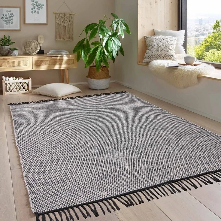 TaraCarpet Wollteppich Handwebteppich Borkum 100% Baumwolle, rechteckig, Höhe: 5 mm, gewebt Baumwolle grau nachhaltig modern Wohnzimmer Küche 080x150 cm – Bild 1