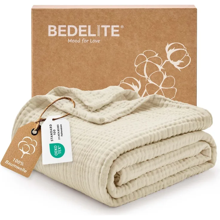 BEDELITE Musselin Decke 127x177 cm Erwachsene Tagesdecke Baumwolle, Beige