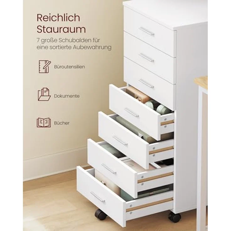 VASAGLE Rollcontainer, mobiler Aktenschrank, Schubladenschrank, Druckerständer mit 7 Schubladen, mit schraubenlosen Gleitschienen, für Büro, Homeoffice, wolkenweiß OFC085WB02 – Bild 5