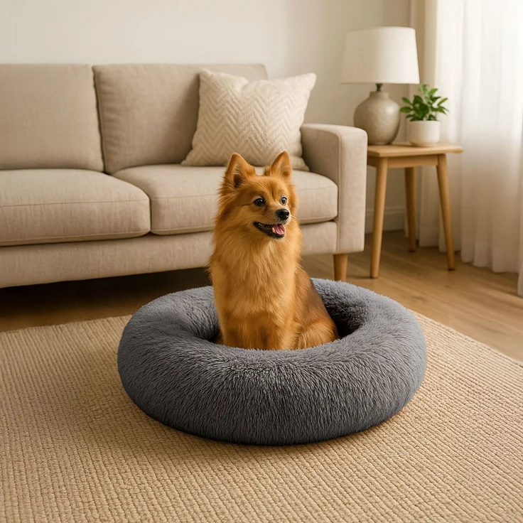 belviona Donut-Hundebett, kuscheliges Plüschbett mit weicher Füllung, sicherem Halt & ergonomischem Rand, 60 cm Durchmesser, anthrazit – Bild 1