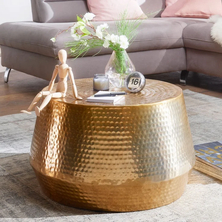 Wohnling Couchtisch 60x36x60cm Aluminium Gold Orientalisch Rund Hammerschlag Modern – Bild 4