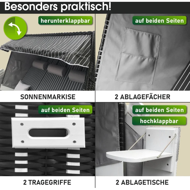'Brast' 3-Sitzer Strandkorb gestreift XXL inkl. Schutzhülle, Poly-Rattan anthrazit/grau, 160 cm – Bild 5