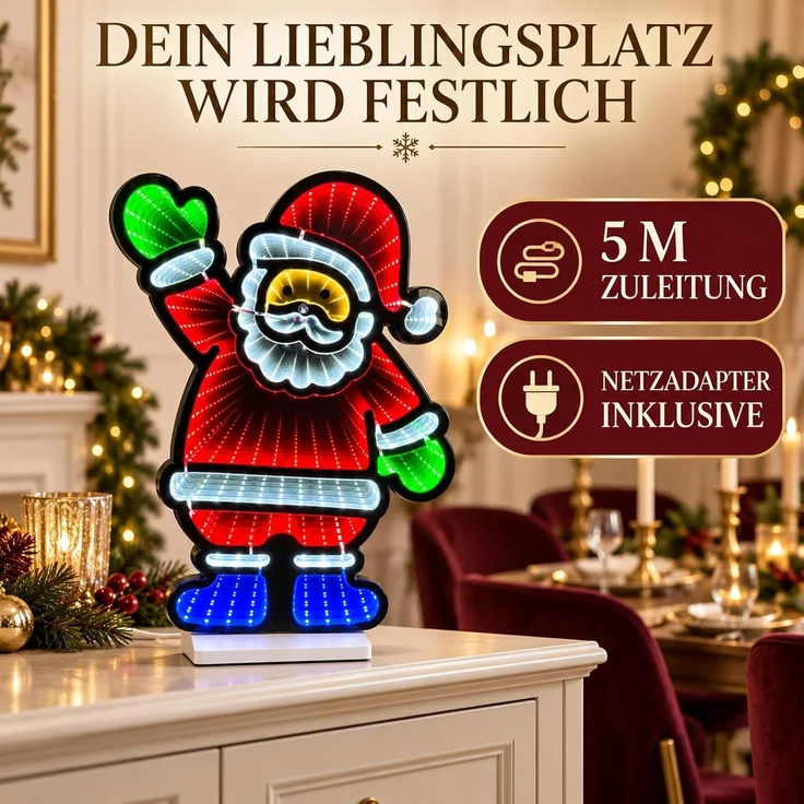 LED Infinity Spiegel Weihnachtsmann 45 cm mit Timer, Weihnachtsdeko innen – Bild 9