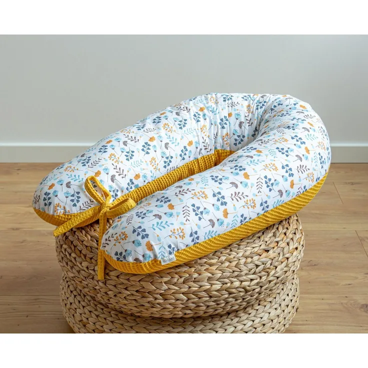 Loolay Stillkissen GELB Waffelpique Blumenwiese Seitenschläferkissen TOP Schlafkissen, XXL 170 cm Stillkissen + Bezug (Reißverschluss), Atmungsaktive WAFFEL + GLATT Baumwolle WEICH Stillkissen MUSTER: GELB Waffelpique/ Türkis Blumenwiese, Hochwertiges ...