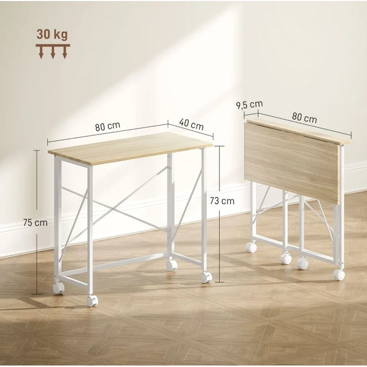 Klappbarer Schreibtisch 80x40x75 cm mit Rollen – MDF und Stahlgestell in Naturholzoptik – Bild 3