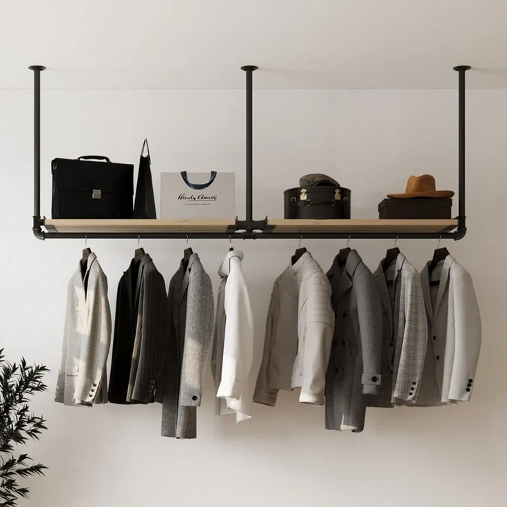 RSR Hangers Garderobenstange Kleiderstange Garderobe "DIEK II" mit Kiefernholablage Deckenmontage – Bild 1