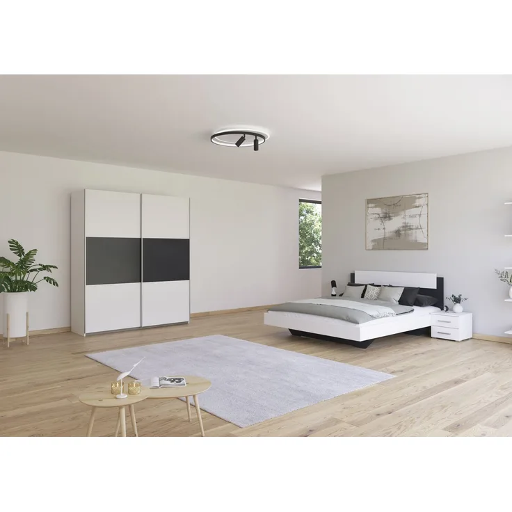 Schlafzimmer Borba in Weiß und Grau mit Schwebetürenschrank 4 teilig – in verschiedenen Bett- und Schrankvarianten wählbar - 4 teilig , Kleiderschrank 175cm Breite + Bett 160x200cm + 2 Nachttisch