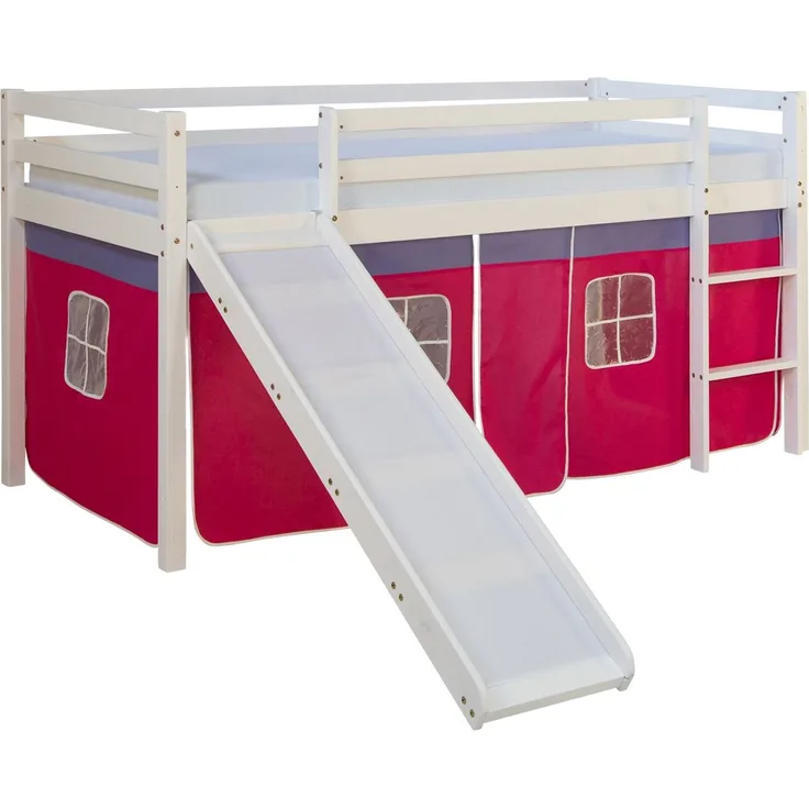 Kinderbett Hochbett Massiv Kiefer weiß pinker Vorhang, Rutsche