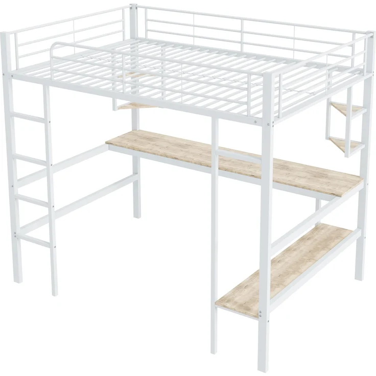 Weißes Metall-Hochbett 90×200cm mit Schreibtisch, vier dreieckigen Kleinregalen + großem Bücherregal, Stahl+E1-MDF, inkl. 24 Lattenroste, ohne Matratze, Gesamt L204,5 × T95 × H180,5 cm – Bild 7
