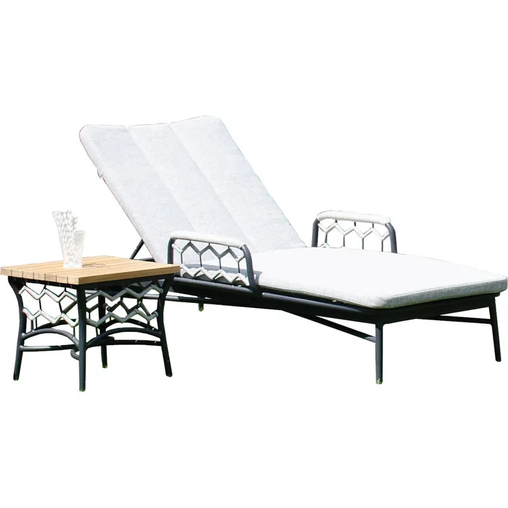 Sonnenpartner Lounge-Liege Yale mit Beistelltisch Teak/Aluminium mit Polyrope silbergrau mit Auflage
