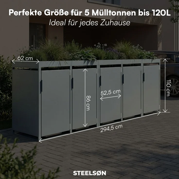 STEELSØN 'Thoria' Mülltonnenbox 5er je 120 Liter, anthrazit, Mülltonnenverkleidung aus Stahl, wetterfest, 111x62x294,5 cm, Müllbox mit Pflanzendach für 5 Tonnen – Bild 9