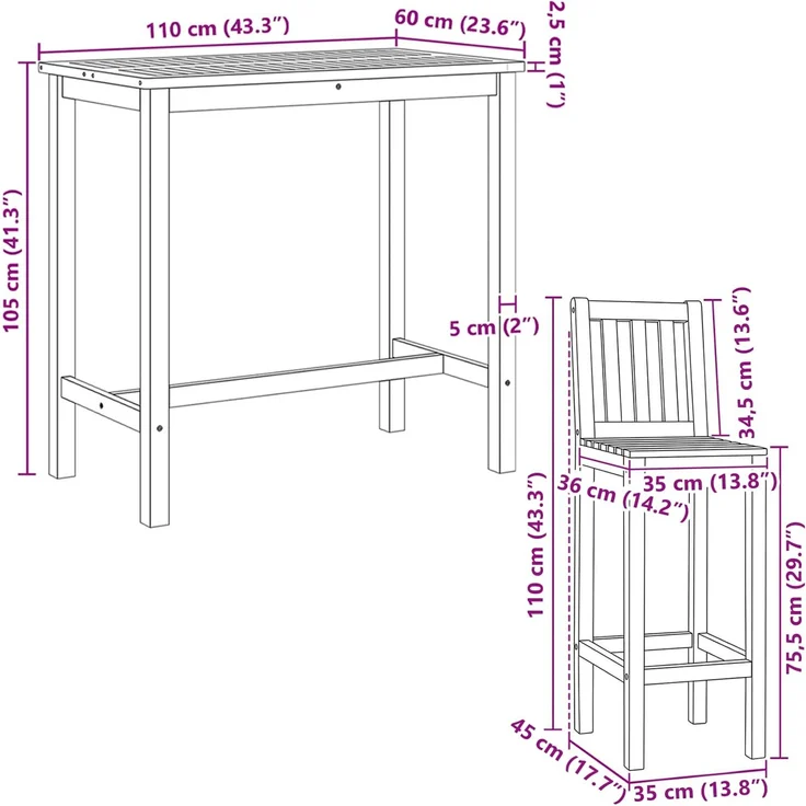 vidaXL Outdoor Bar Set 5 stk. Unbehandelt 110 x 60 x 105 cm 3422499 – Bild 8