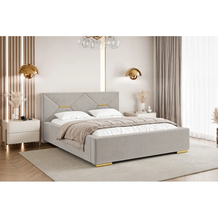 MEBLINI Polsterbett 140x200 mit Lattenrost mit Matratze – LIZZY – Taupe Samt – Doppelbett mit Bettkasten - Stauraumbett - Kopfteil Bett mit Stauraum – Bild 1